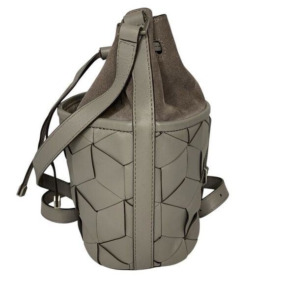 Welden Leather Bucket Bag Gray Crossbody Purse Geometric Weave Drawstring Medium - Picture 4 of 11